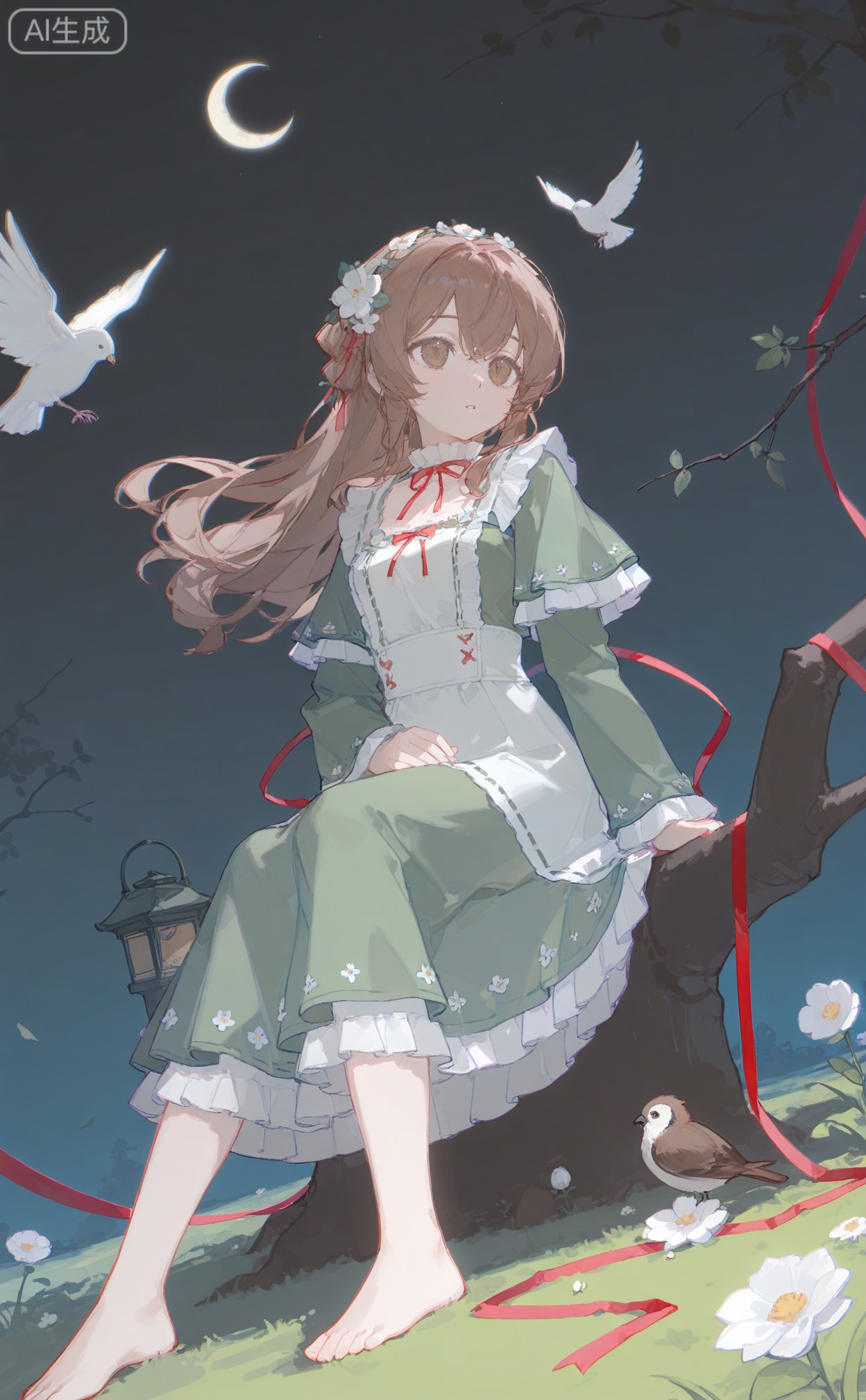 masterpiece,highres,absurdres,newest,best quality,high quality,chromatic_aberration,shiny_skin,dynamic pose,dynamic angle,00ilxl10,
//,
1girl, solo, long hair, brown hair, hair ornament, long sleeves, dress, ribbon, brown eyes, sitting, full body, flower, frills, barefoot, hair flower, red ribbon, tree, bird, leaf, moon, grass, white flower, crescent, green dress, branch, crescent moon,
//,
(ciloranko:0.9),(wanke:0.5),(umehara_sei:1.2),(shiina_1001:0.8),(chiu538:0.7),(sakura_(39ra):0.6),(qizhu:0.88),(mikisai:0.5),