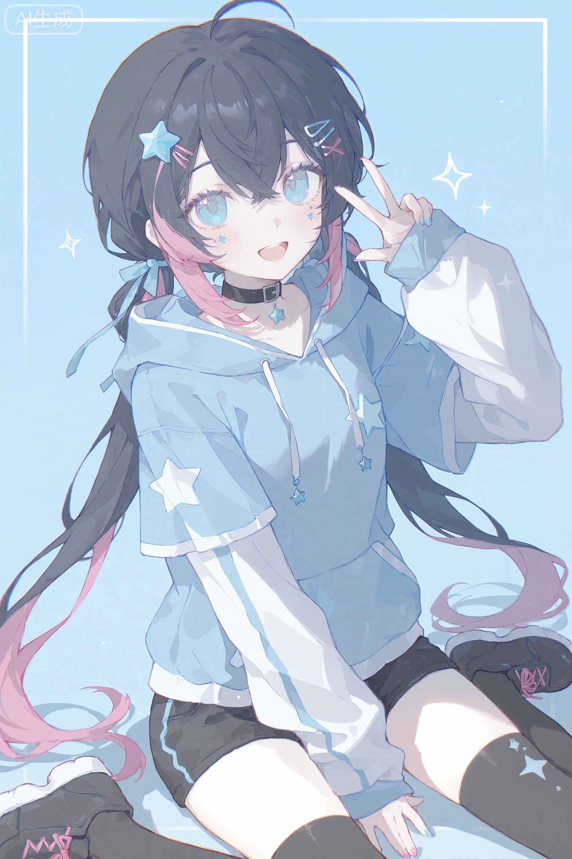 masterpiece,very aware,highres,absurdres,newest,best quality,high quality,petite,chromatic_aberration,lens_flare,dynamic_angle,cinematic_angle,//,00ilxl10,artist:konya_karasue,//, 1girl, solo, blue eyes, thighhighs, twintails, smile, looking at viewer, long hair, black thighhighs, long sleeves, choker, multicolored hair, sitting, open mouth, nail polish, star (symbol), bangs, shoes, black hair, wariza, ahoge, black choker, blue hair, hand between legs, shorts, multicolored clothes, pink hair, jacket, hair between eyes, low twintails, v, between legs, blush, black footwear, blue nails, hand up, blue jacket, sneakers, hood, :d, hoodie, border, ribbon, puffy sleeves, puffy long sleeves, black shorts, streaked hair, multicolored jacket, hair ribbon, layered sleeves, pink nails, blue border, hood down, virtual youtuber, blue hoodie, w, blue background, facial mark, drawstring, two-tone hair, short over long sleeves, short shorts, hair ornament, eyelashes, framed, crossed bangs, very long hair, facial tattoo, multicolored nails, outside border, sidelocks, short sleeves, sparkle, shirt,