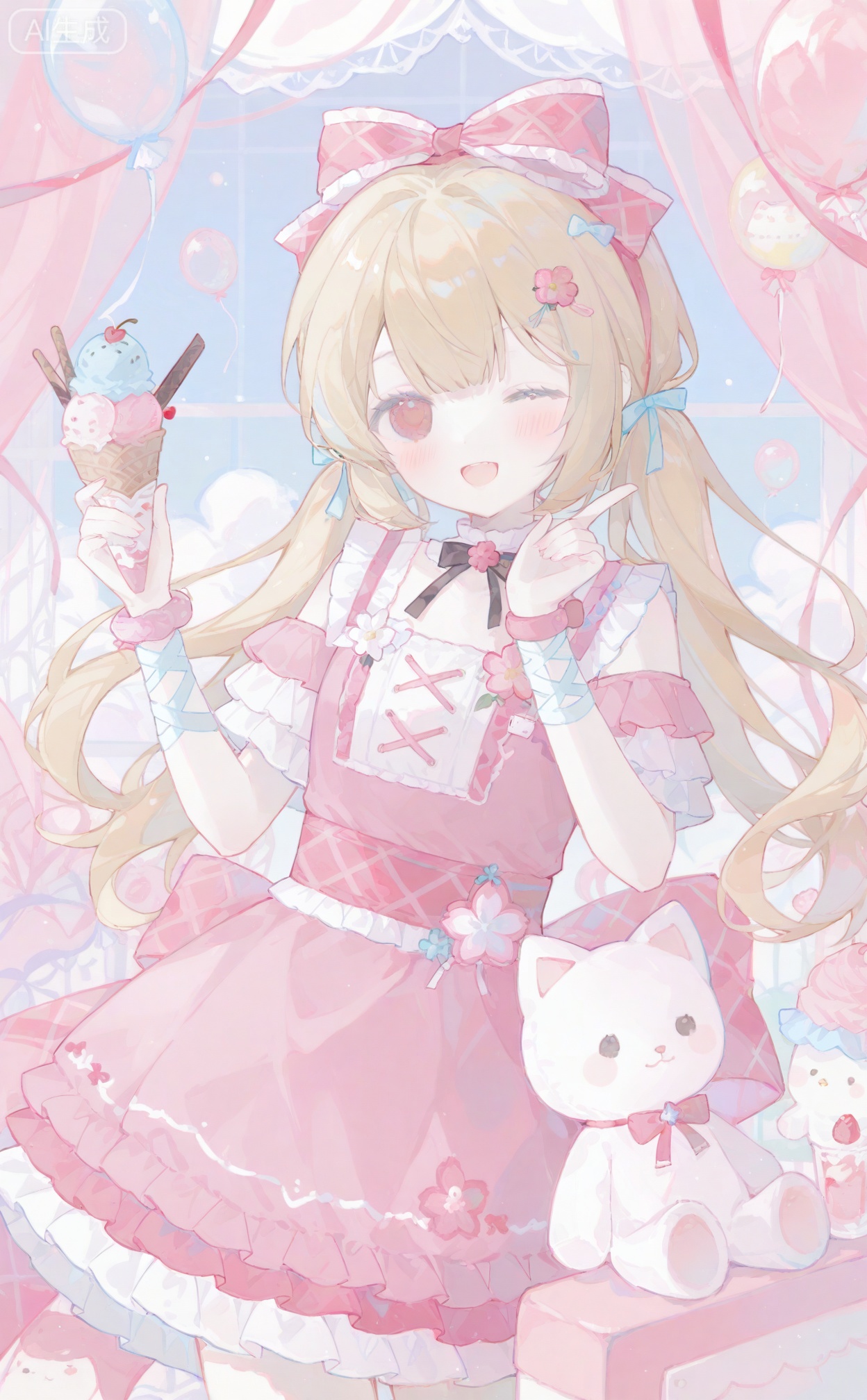 00ilxl10, 1girl, solo, long hair, looking at viewer, blush, smile, open mouth, blonde hair, hair ornament, red eyes, dress, bow, ribbon, flower, hair bow, frills, one eye closed, food, stuffed toy, frilled dress, ;d, candy, pink dress, ice cream, ice cream cone, too many