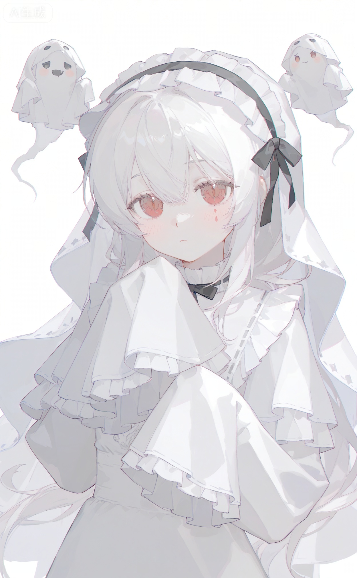 masterpiece,highres,absurdres,newest,best quality,high quality,chromatic_aberration,shiny_skin,00ilxl10,
//,
1girl, red eyes, long hair, solo, looking at viewer, sleeves past wrists, dress, white dress, veil, white hair, long sleeves, sleeves past fingers, white theme, upper body, ghost costume, facial mark, closed mouth, black ribbon, blush, hair between eyes, frills, expressionless, white background, ghost, frilled sleeves, sidelocks, hands up, simple background, grey theme, ribbon
//,
(ciloranko:0.9),(wanke:0.5),(umehara_sei:1.2),(shiina_1001:0.8),(chiu538:0.7),(sakura_(39ra):0.6),(qizhu:0.88),(mikisai:0.5),