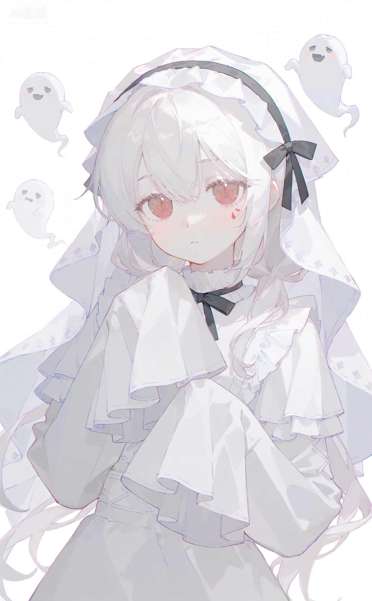 masterpiece,highres,absurdres,newest,best quality,high quality,chromatic_aberration,shiny_skin,00ilxl10,
//,
1girl, red eyes, long hair, solo, looking at viewer, sleeves past wrists, dress, white dress, veil, white hair, long sleeves, sleeves past fingers, white theme, upper body, ghost costume, facial mark, closed mouth, black ribbon, blush, hair between eyes, frills, expressionless, white background, ghost, frilled sleeves, sidelocks, hands up, simple background, grey theme, ribbon
//,
(ciloranko:0.9),(wanke:0.5),(umehara_sei:1.2),(shiina_1001:0.8),(chiu538:0.7),(sakura_(39ra):0.6),(qizhu:0.88),(mikisai:0.5),