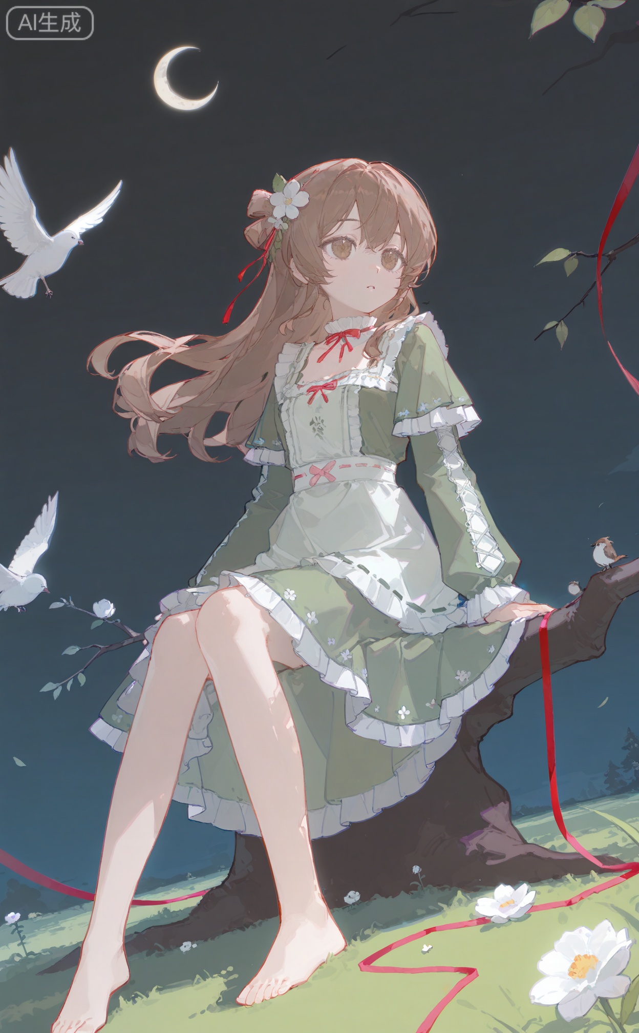 masterpiece,highres,absurdres,newest,best quality,high quality,chromatic_aberration,shiny_skin,dynamic pose,dynamic angle,00ilxl10,
//,
1girl, solo, long hair, brown hair, hair ornament, long sleeves, dress, ribbon, brown eyes, sitting, full body, flower, frills, barefoot, hair flower, red ribbon, tree, bird, leaf, moon, grass, white flower, crescent, green dress, branch, crescent moon,
//,
(ciloranko:0.9),(wanke:0.5),(umehara_sei:1.2),(shiina_1001:0.8),(chiu538:0.7),(sakura_(39ra):0.6),(qizhu:0.88),(mikisai:0.5),