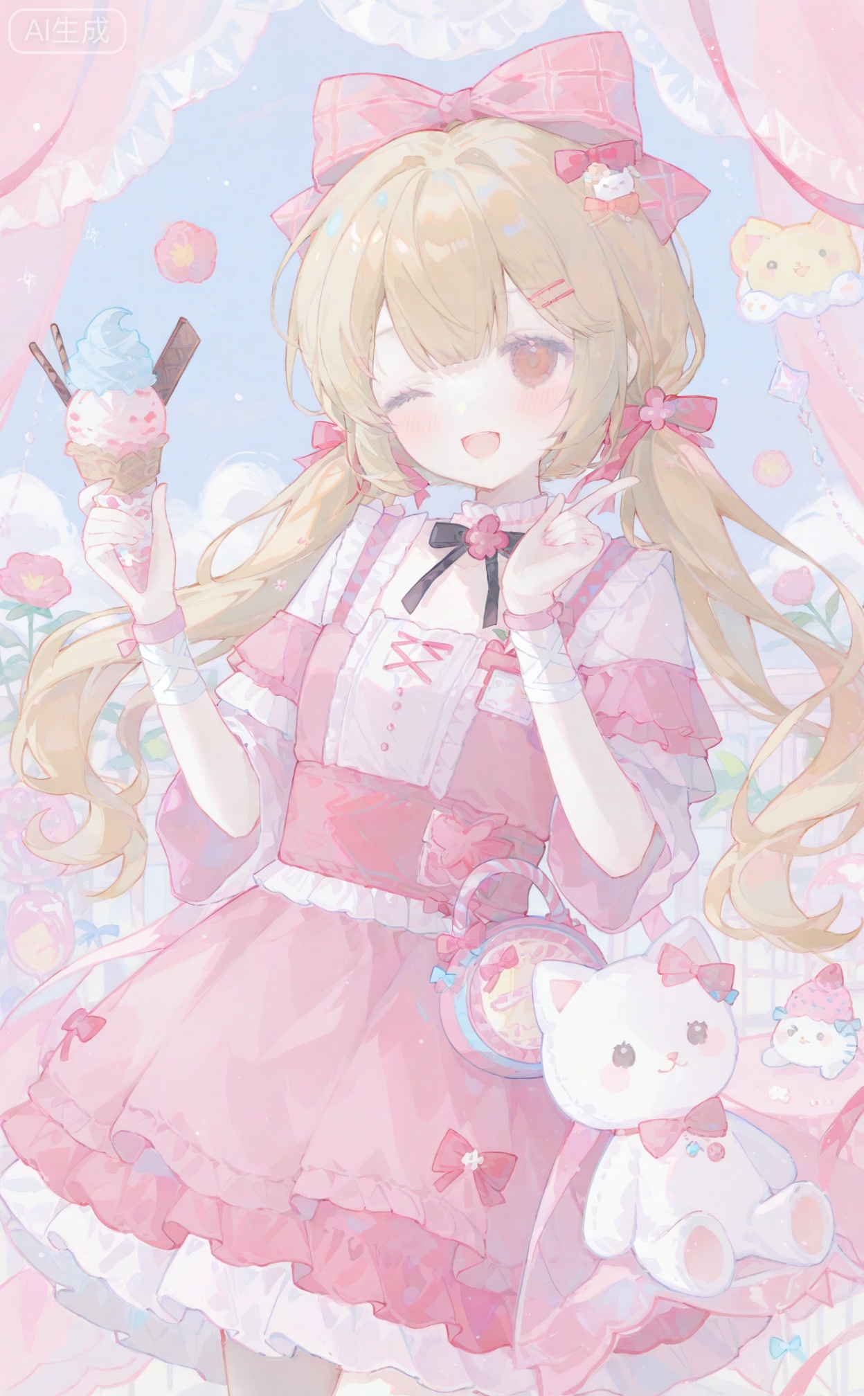 00ilxl10, 1girl, solo, long hair, looking at viewer, blush, smile, open mouth, blonde hair, hair ornament, red eyes, dress, bow, ribbon, flower, hair bow, frills, one eye closed, food, stuffed toy, frilled dress, ;d, candy, pink dress, ice cream, ice cream cone, too many