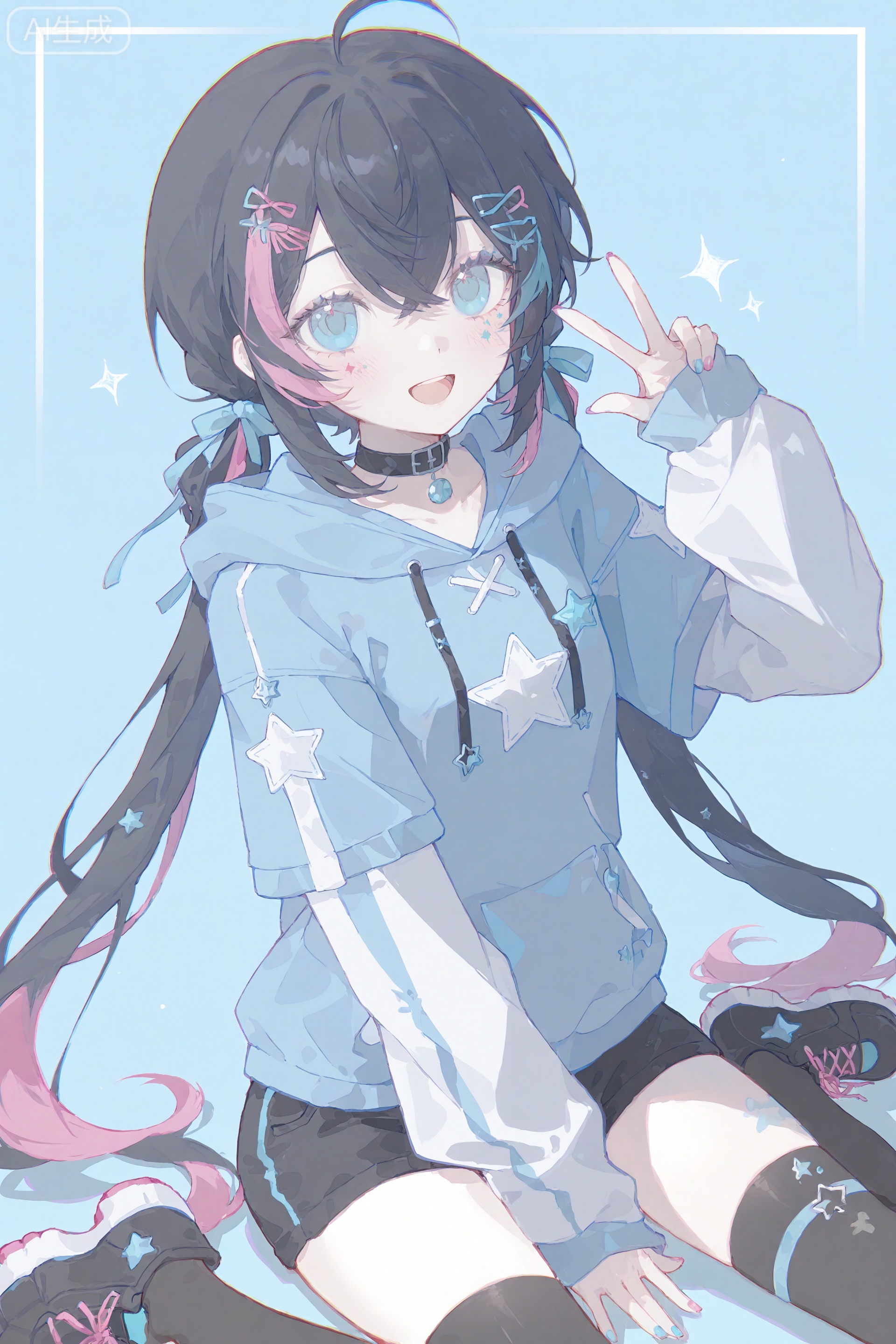 masterpiece,very aware,highres,absurdres,newest,best quality,high quality,petite,chromatic_aberration,lens_flare,dynamic_angle,cinematic_angle,//,00ilxl10,artist:konya_karasue,//, 1girl, solo, blue eyes, thighhighs, twintails, smile, looking at viewer, long hair, black thighhighs, long sleeves, choker, multicolored hair, sitting, open mouth, nail polish, star (symbol), bangs, shoes, black hair, wariza, ahoge, black choker, blue hair, hand between legs, shorts, multicolored clothes, pink hair, jacket, hair between eyes, low twintails, v, between legs, blush, black footwear, blue nails, hand up, blue jacket, sneakers, hood, :d, hoodie, border, ribbon, puffy sleeves, puffy long sleeves, black shorts, streaked hair, multicolored jacket, hair ribbon, layered sleeves, pink nails, blue border, hood down, virtual youtuber, blue hoodie, w, blue background, facial mark, drawstring, two-tone hair, short over long sleeves, short shorts, hair ornament, eyelashes, framed, crossed bangs, very long hair, facial tattoo, multicolored nails, outside border, sidelocks, short sleeves, sparkle, shirt,