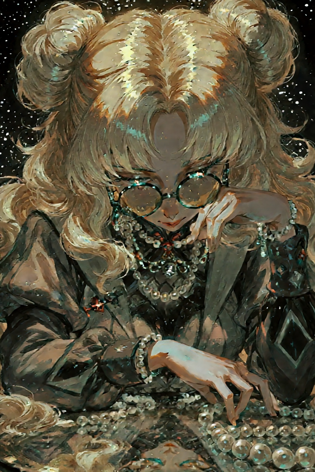 The image depicts a stylized,  anime-inspired character with long,  flowing blonde hair styled into two buns. The characte...
