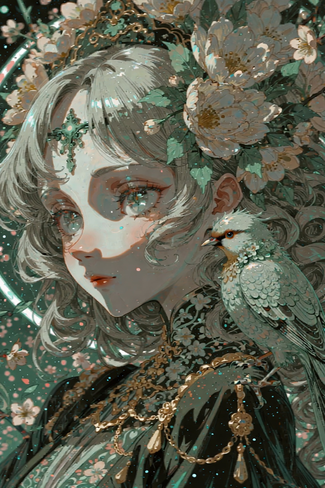 The image depicts a beautifully illustrated character with intricate details. The character has large,  expressive eyes an...