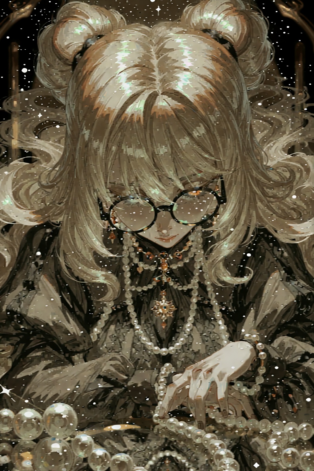 The image depicts a stylized,  anime-inspired character with long,  flowing blonde hair styled into two buns. The characte...