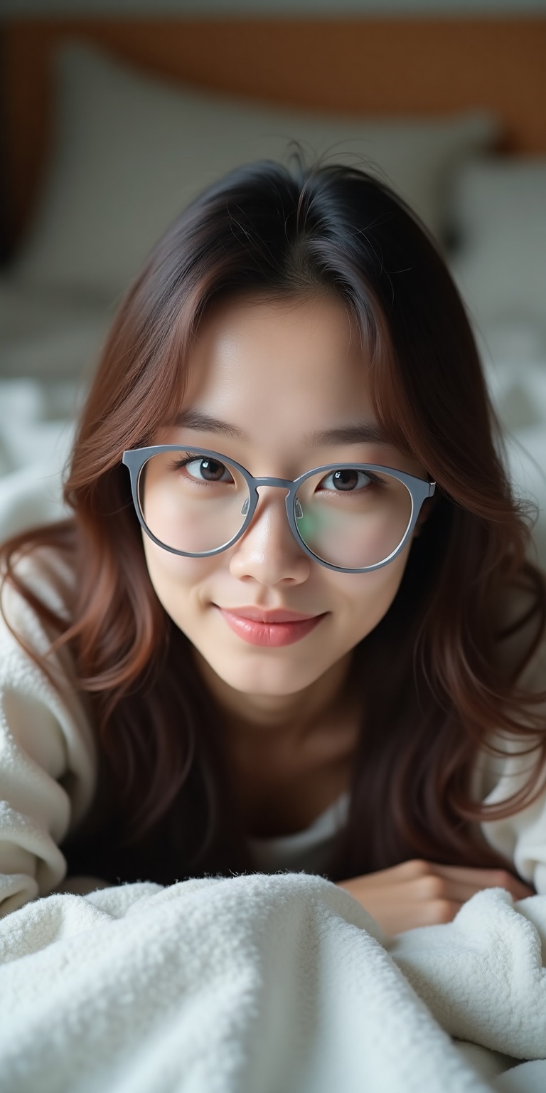 portrait of an Asian woman with long brown hair,  lying relaxed on the bed in a natural pose,  looking directly at the cam...