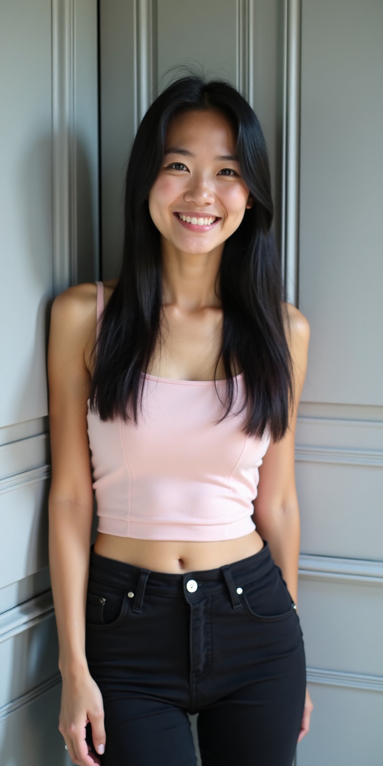 Photograph of an Asian woman with long,  straight black hair and fair skin. She has a slim physique with medium-sized brea...