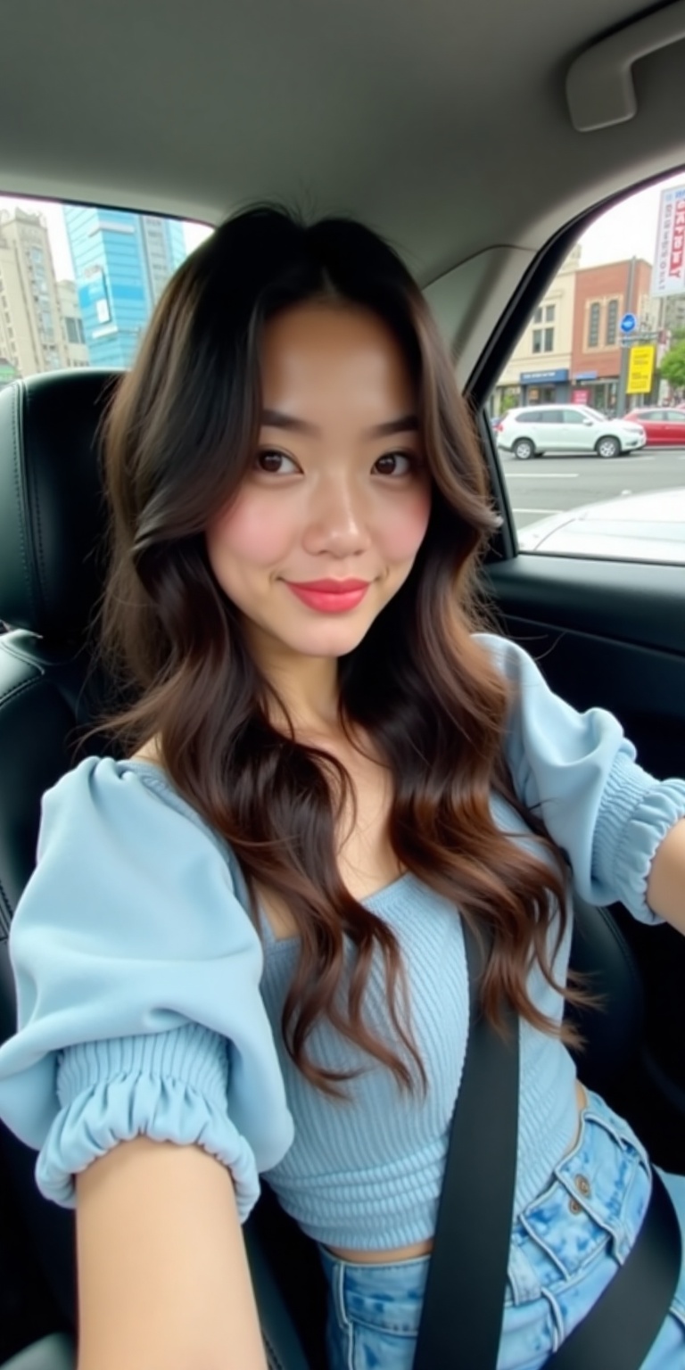 Create an image of a young woman sitting in the driver's seat of a car,  looking directly at the camera with a slight smil...