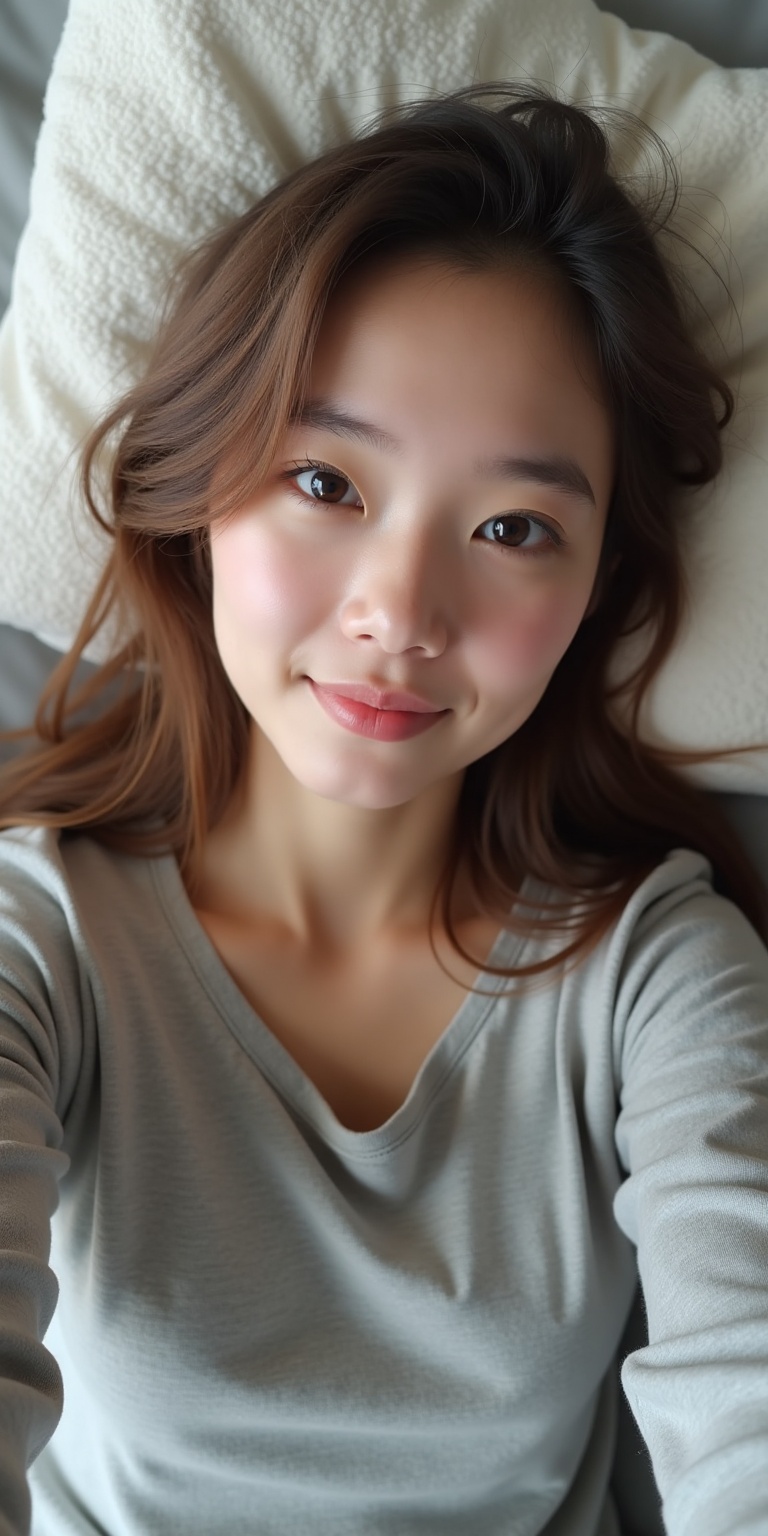 Create a photo-realistic portrait of a young woman taken from a selfie angle,  looking directly at the camera with a neutr...