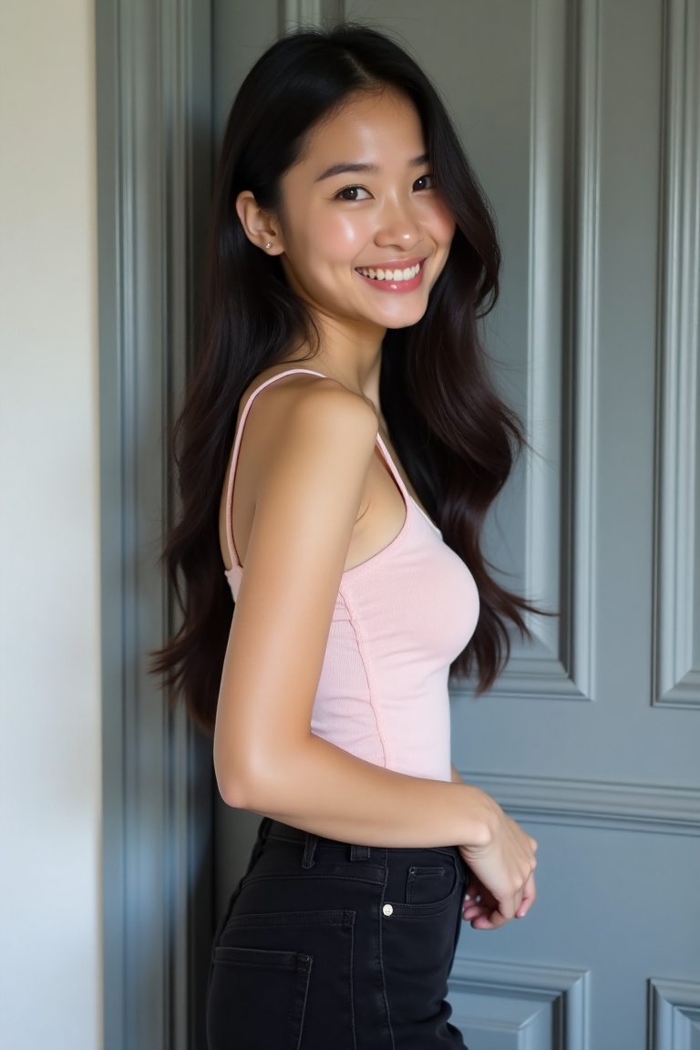 Photograph of an Asian woman with long,  straight black hair and fair skin. She has a slim physique with medium-sized brea...