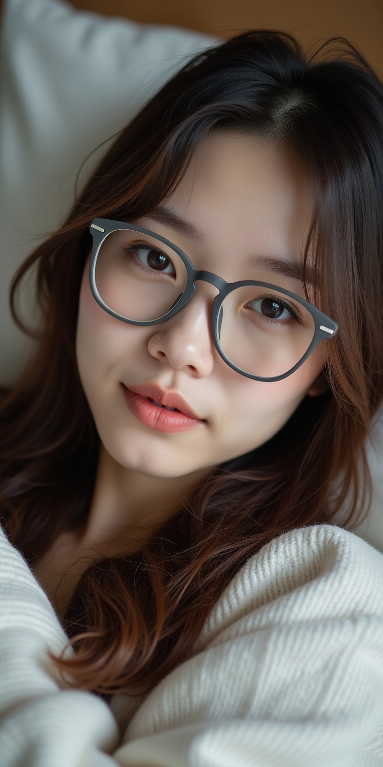 portrait of an Asian woman with long brown hair,  lying relaxed on the bed in a natural pose,  looking directly at the cam...