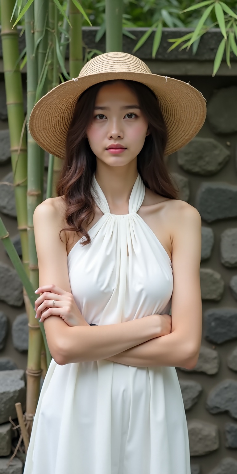 a young woman standing in front of a stone wall with bamboo plants in the background. She is wearing a white dress with a...