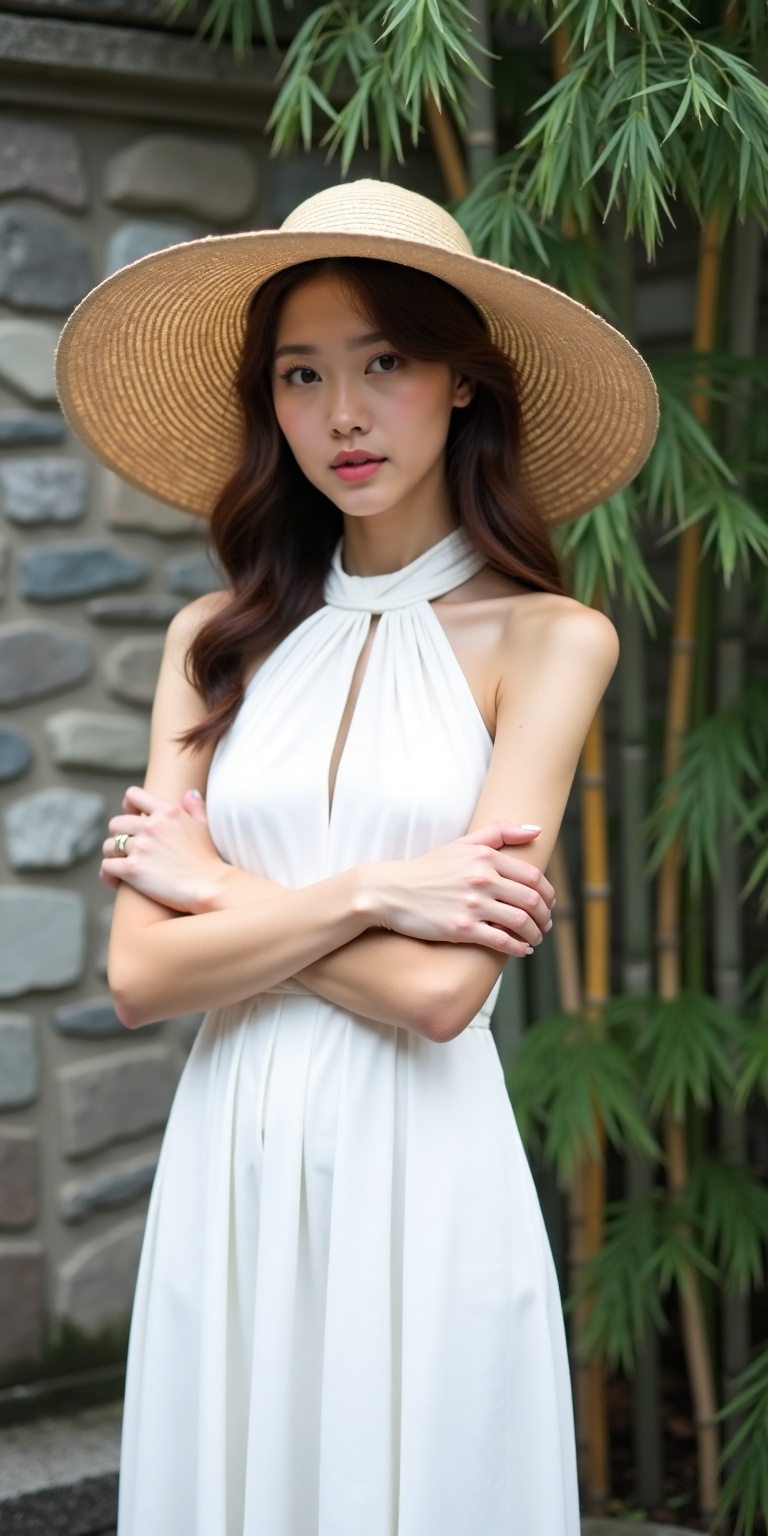 Create an image of a young woman standing in front of a stone wall with bamboo plants in the background. She wears a white...