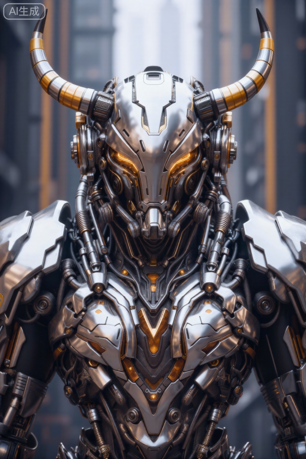 该图像具有高度详细的人形金属机器人形象。机器人的头部被包裹在一个光滑的银色头盔中,头盔的设计略带棱角,几乎是兽性的。突出的弯曲角从头盔的两侧延伸出来,每个角在底部附近都有金色带子分段。该头盔包括一个带有琥珀色发光的中央面罩区域,周围是复杂的机械部件和通风口。 机器人的肩膀受到坚固的银色装甲板的保护,该装甲板具有锋利的棱角边缘和金色装饰。可以看到许多机械管、电线和齿轮,连接着装甲和头盔的各个部分。胸部区域采用复杂的金属板排列,中央呈V 形设计,还融入了发光的琥珀元素。整体外观充满未来感,重装甲,银色和金色的色调交融,给人一种强大而威严的感觉。背景很模糊,显示出暗示城市或工业环境的垂直线,但焦点仍然完全集中在机器人复杂的设计上。,cjjj