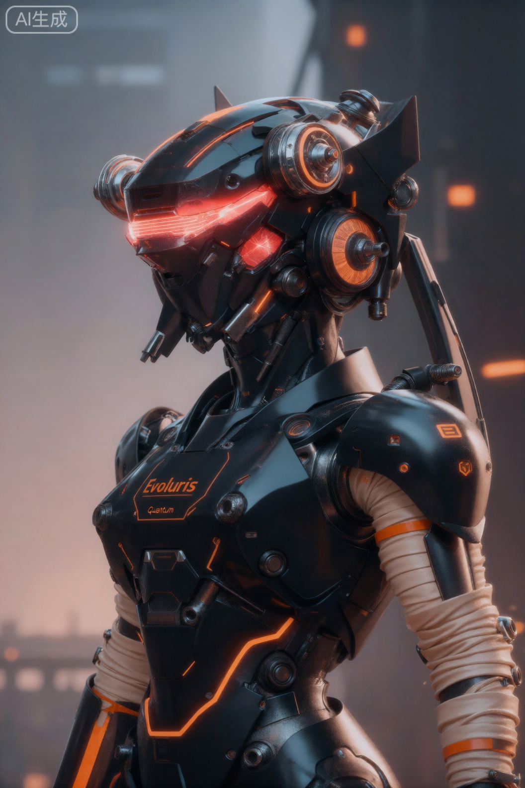 该图像描绘了一个高度详细的未来机器人,其外骨骼主要为黑色,并带有发光的橙色线条和组件。该机器人的头部采用时尚、棱角分明的设计,有一个类似于护目镜的区域,可以发出明亮的红光,这表明它拥有先进的光学传感器或某种视觉形式。在头部的两侧,有类似眼睛或传感器的大型圆形部件,带有金属和橙色细节。胸部区域坚固且分段,具有可见的机械接头和中央面板,上面刻有橙色的“Evoluris”和“Quantum”文字。机器人的手臂覆盖着黑色装甲和米色柔性管的组合,柔性管被橙色带分段,可能表示液压或气动系统。背景是模糊的工业环境,带有暗色调和微妙的橙色亮点,增强了场景的高科技、控制论氛围。,cjjj