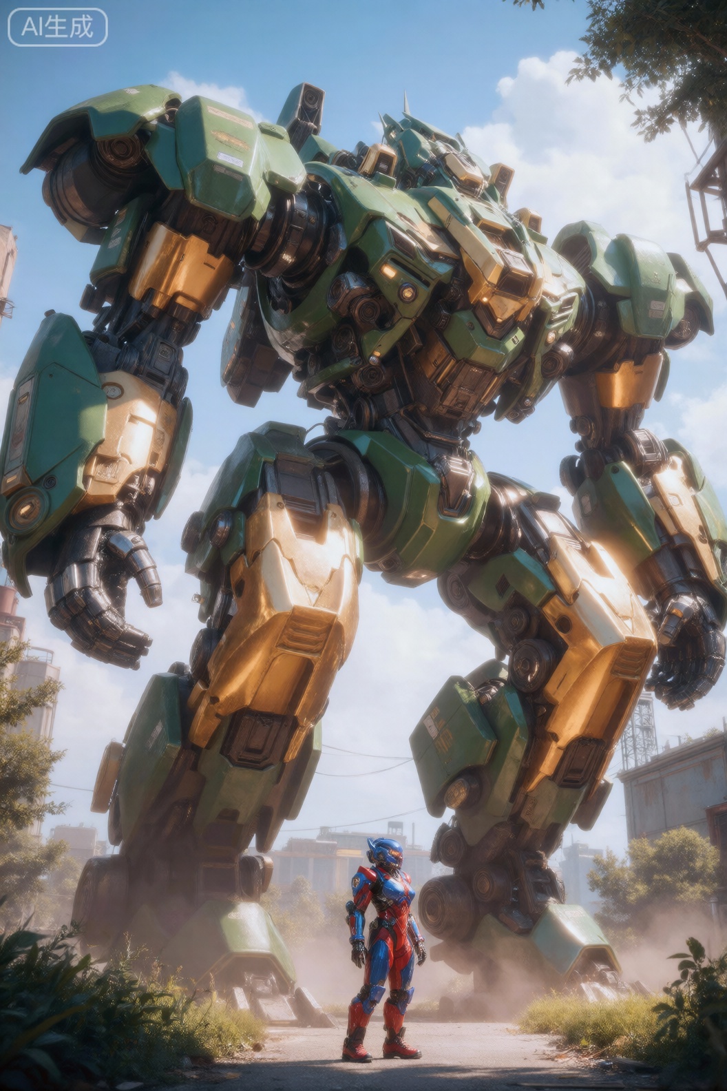 该图像展示了一个巨大的重装甲机器人,其主要配色方案是绿色和金色,矗立在城市环境中。该机器人采用笨重的机械设计,带有铰接关节、可见的机械部件和险恶的棱角面板。它的四肢粗壮而有力,有大而分段的腿和手臂,配备有机械手。天空是明亮的蓝色,云彩散布,机器人的金属表面反射阳光。在前景中,有一个小得多的装甲人物,戴着头盔,穿着红蓝相间的套装,站在一条小路上。背景包括工业建筑、树木和一些植被,暗示着城市和自然元素的混合。整体场景具有未来感、科幻美感。,cjjj