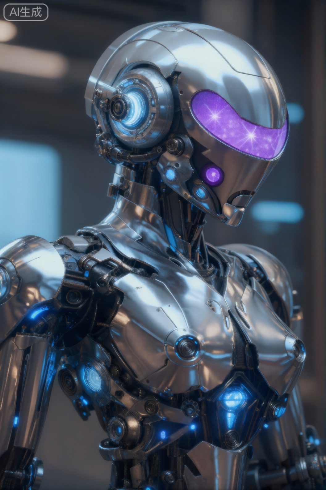 该图像描绘了一个高度详细的人形机器人,具有光滑的金属银色外观。该机器人的头部呈圆形,具有光滑的反光表面,具有突出的紫色发光眼睛,可发出柔和的星状图案。靠近眼睛的地方有一个圆形的机械眼窝,发出明亮的蓝光,暗示着先进的光学传感器。机器人的身体由互锁的金属板和复杂的机械部件组成,包括可见的齿轮、螺栓和液压活塞。蓝色LED 灯融入整个设计,突出关节、胸部和肩膀,营造出未来感和高科技的外观。机器人的姿势是直立的,略微倾斜,其左臂部分可见,展示了额外的机械细节和蓝色照明。背景模糊,具有模糊的冷色调灯光,增强了机器人的未来美感,强调了其先进的工程和设计。,cjjj