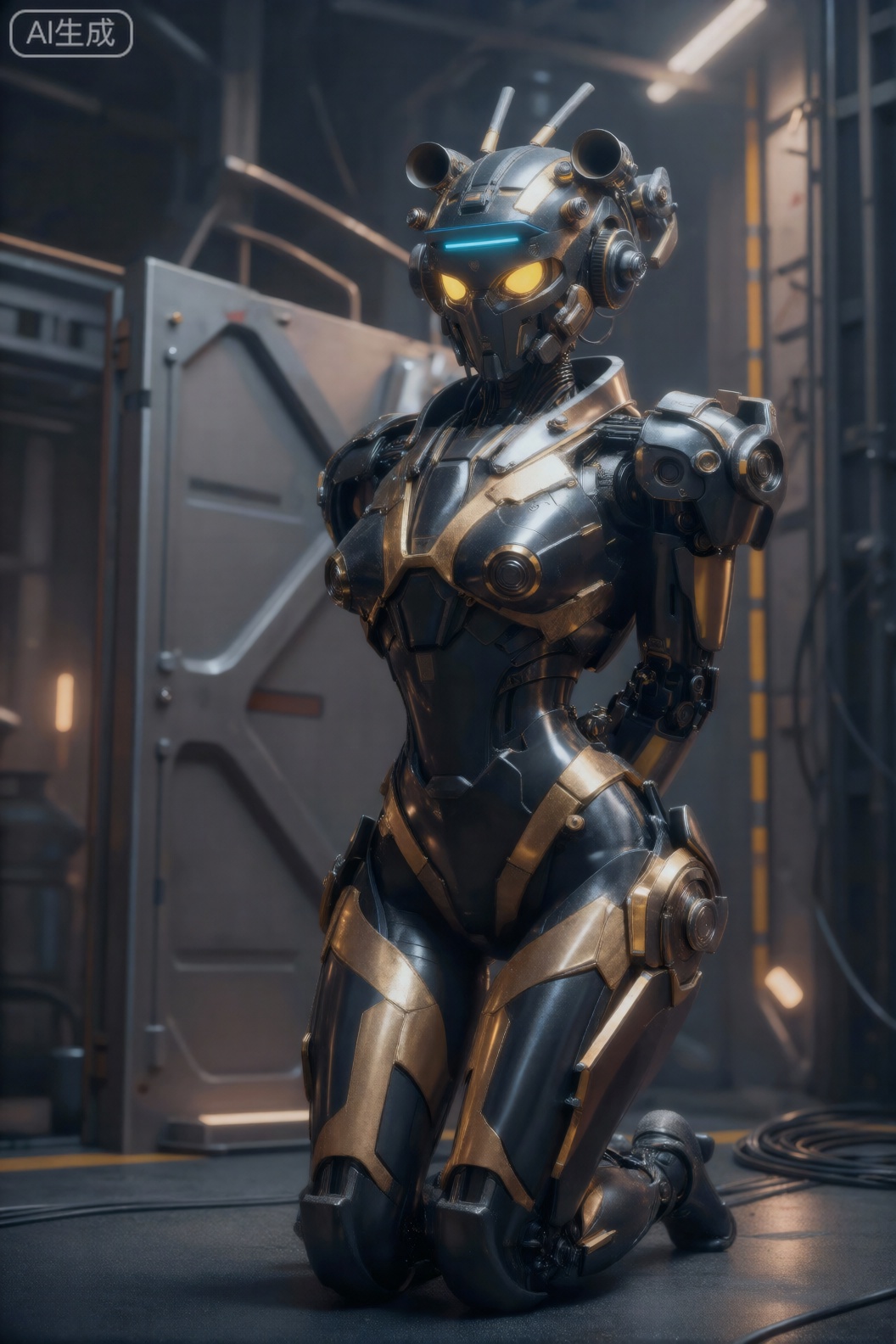 该图像描绘了一个具有时尚机械设计的人形机器人,跪在工业环境中的黑暗表面上。该机器人的身体主要由带有金色装饰的深色金属面板组成,赋予其未来感和精致的外观。该机器人的头部像头盔一样,额头上有一条蓝色水平灯带,眼睛发着黄色的光。头盔顶部还有两个突出的喇叭状突起,前面嵌入了几个小型圆形传感器或灯。 机器人的上半身和肩膀都装备有联锁板和机械关节的重装甲,而下半身逐渐变细,形成更流线型的形状,具有可见的机械部件和接线。机器人的手臂位于背后,跪下时双腿在膝盖处弯曲。 背景由带有棱角结构的金属工业内饰、门和各种机械元件组成,营造出高科技、未来主义的氛围。灯光昏暗,一些亮点突出了机器人的特征,营造出戏剧性的效果。,cjjj
