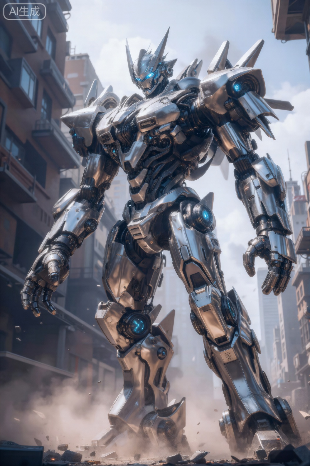 该图像展示了一个高耸、细节丰富的人形机器人站在城市环境中。该机器人的身体主要是金属银,其框架上可见复杂的机械部件。它采用时尚、棱角分明的设计,具有锋利的边缘和发光的蓝色装饰,尤其是在眼睛和关节周围。机器人的右臂举起,左臂垂在身侧,两只手臂的末端都是带有多个手指的大型机械手。胸部区域很宽,具有各种机械细节,包括看起来像是驾驶舱或控制中心的部分。背景由现代和工业建筑混合的高楼组成,天空部分多云。机器人下方的地面散落着碎片和灰尘,表明最近有过活动或移动。整体场景动感十足,机器人身上散发着力量感和先进科技感。,cjjj