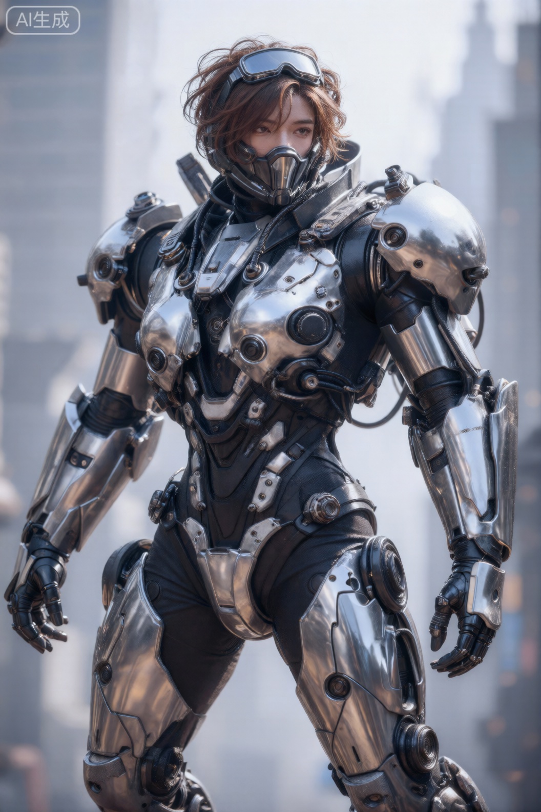 该图像描绘了一个穿着高度详细的外骨骼套装的人形人物。该套装主要是金属银色,带有黑色口音和各种机械部件。该设计非常复杂,具有大量相互连接的零件、齿轮和电缆。该人物的头部部分包裹在带有护目镜的头盔中,头发为棕色且略显凌乱。该套装的手臂和腿是分段的,关节可见,手上有机械手指。背景模糊,暗示着高楼林立的城市环境,给人一种未来主义城市景观的印象。整体美学让人想起先进的机器人或机甲设计,重点关注功能和机械精度。,cjjj