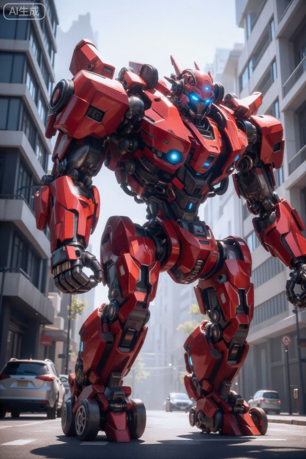 该图像显示一个大型红色人形机器人站在城市街道上。该机器人采用时尚、棱角分明的设计,其身体上可见许多机械部件。它的胸部和头部发出蓝色的光芒,眼睛也发出明亮的蓝色光芒。该机器人的手臂笨重,机械细节复杂,包括关节和活塞,它的手紧握成拳头。腿粗而有力,底部有可见的轮子,表明它也可以用轮子移动。背景是高大的现代建筑,有玻璃窗和阳台,街道上停着几辆车。场景设置在白天,阳光在地面上投下阴影。,cjjj