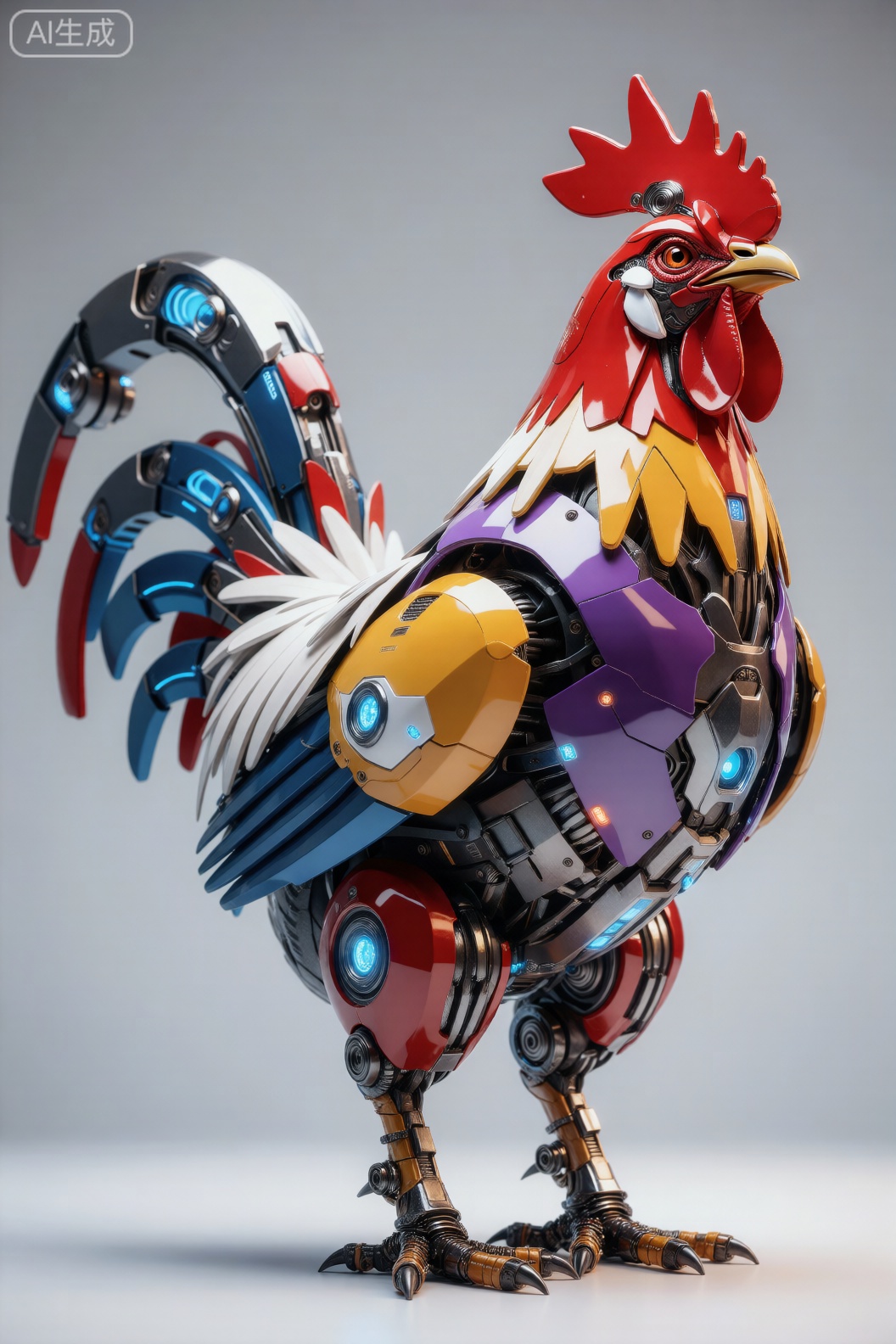 该图像描绘了一只机器人鸡,融合了鸟类和机械设计。这只鸡有红色的鸡冠和肉垂,黄色的喙和机械眼。它的机身由金属和塑料部件混合而成,具有红、黄、紫、蓝、白等多种颜色。翅膀和尾巴由分段的金属部件组成,带有蓝色和红色的点缀,类似于机器人的附肢。腿是机械的,有可见的齿轮和关节,末端有爪子。机器人各处均嵌入蓝色LED 灯,凸显其机械特性。背景是朴素的浅灰色,这使得机器鸡脱颖而出。整体设计错综复杂,融合了工业和未来元素,赋予机器鸡高度细节和复杂的外观。,cjjj