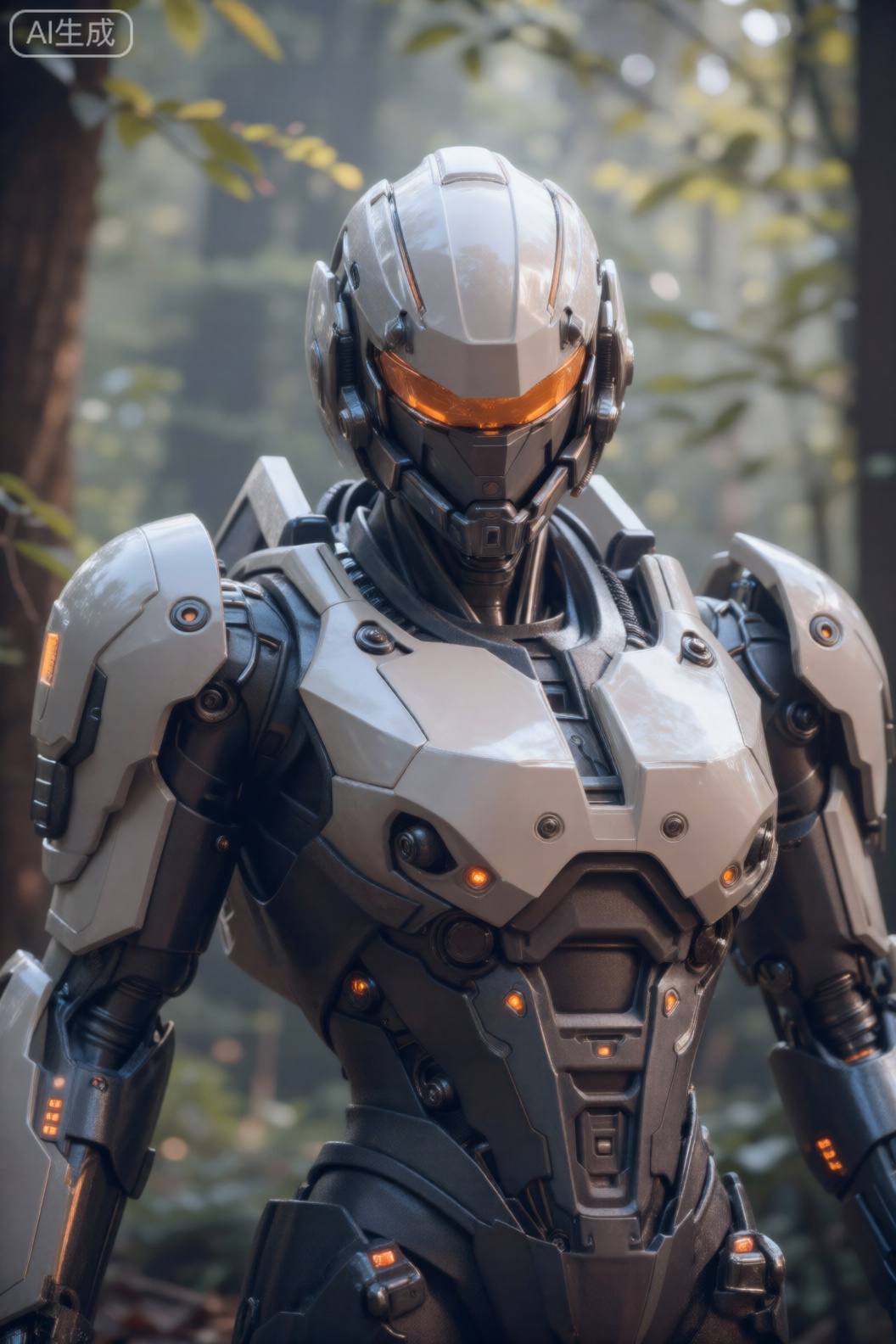 该图像描绘了一个人形机器人站在森林中。该机器人采用时尚的金属设计,结合了浅灰色和深灰色装甲板。它的头盔光滑而棱角分明,橙色的眼睛散发着柔和的光芒。胸部和肩部区域具有复杂的机械细节,包括螺栓、接缝和通风口。套装的各个部分都嵌入了橙色的小灯,增添了其未来感的外观。背景由模糊的树木和树叶组成,暗示着自然环境。总体印象是一个强大而先进的机器人实体,可能是为战斗或探索而设计的。,cjjj