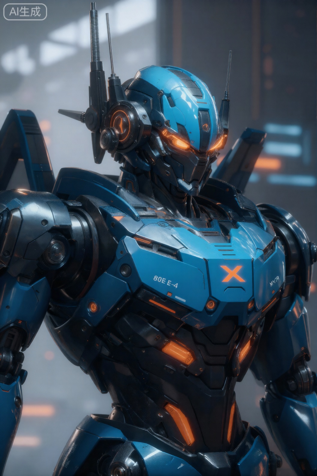 该图像描绘了一个高度详细的未来机器人,其配色方案主要是蓝色和黑色,并带有橙色亮点。该机器人的设计非常复杂,具有棱角分明的装甲板、发光的橙色眼睛和各种机械部件。在它的胸部,有一个大的橙色“X”和几个字母数字代码,包括“80E-4”和“M17R”。机器人的头部左侧装有垂直天线,右侧装有水平天线。背景是模糊的高科技环境,灯光柔和,让人联想到科幻场景。整体美观时尚、先进,强调机器人的气势和强大的存在感。,cjjj