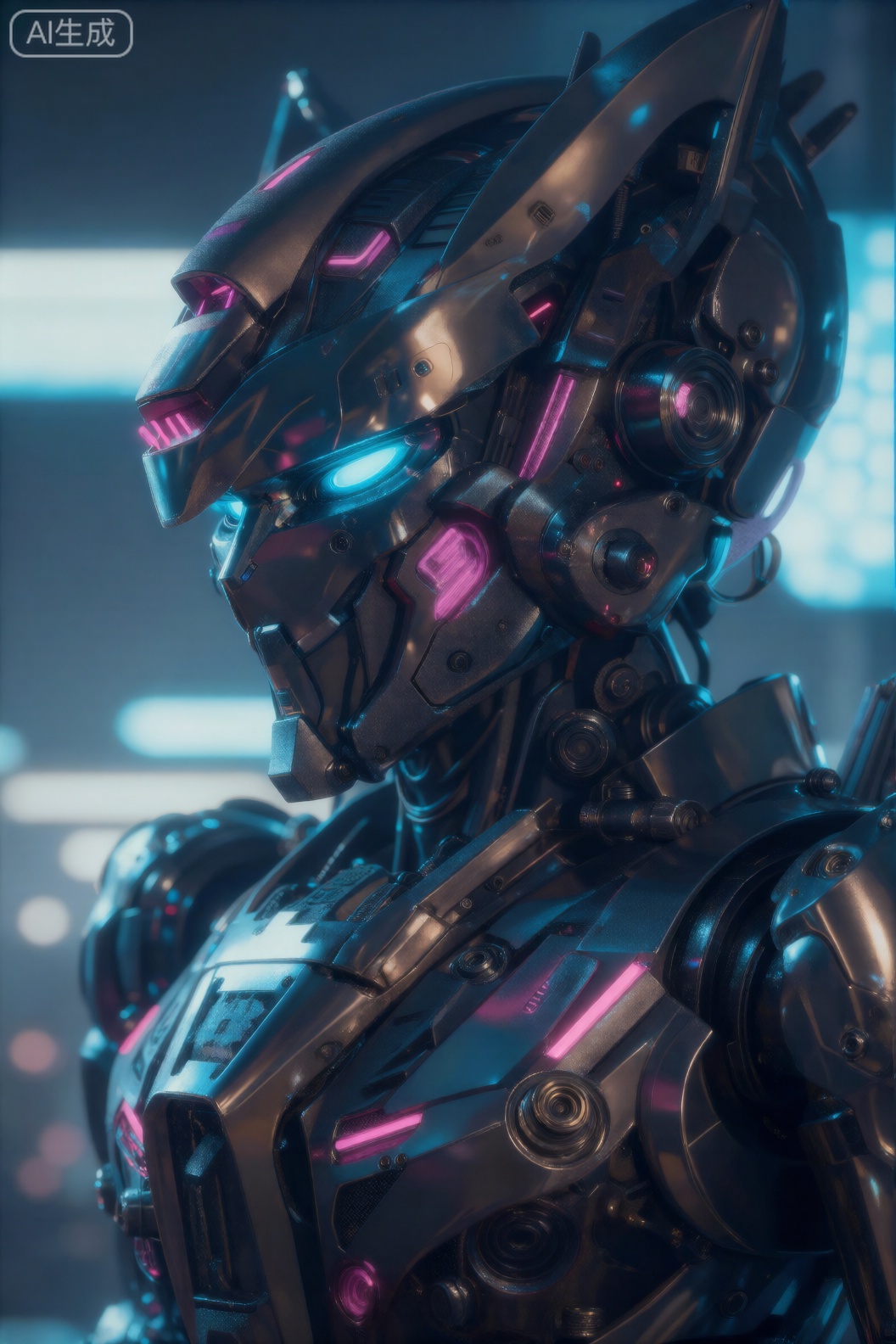 该图像描绘了一个高度详细的未来机器人,具有时尚的金属设计。该机器人的头部呈棱角状且呈流线型,具有类似护目镜的面板,表面具有反光、略带色彩的表面。眼睛发出明亮的电蓝色光芒,赋予机器人一种强烈、专注的表情。脸部周围有各种机械部件,包括通风口、传感器和发光的粉红色霓虹灯,增添了其高科技外观。车身由互锁的金属板和复杂的机械组成,带有可见的齿轮、螺栓和电路。整体配色为深金属灰色,搭配蓝色和粉色霓虹灯,在柔和的蓝色和白色灯光的模糊背景下,暗示着科幻或太空环境。灯光强调了机器人的轮廓和反光表面,凸显了其先进而雄伟的设计。,cjjj