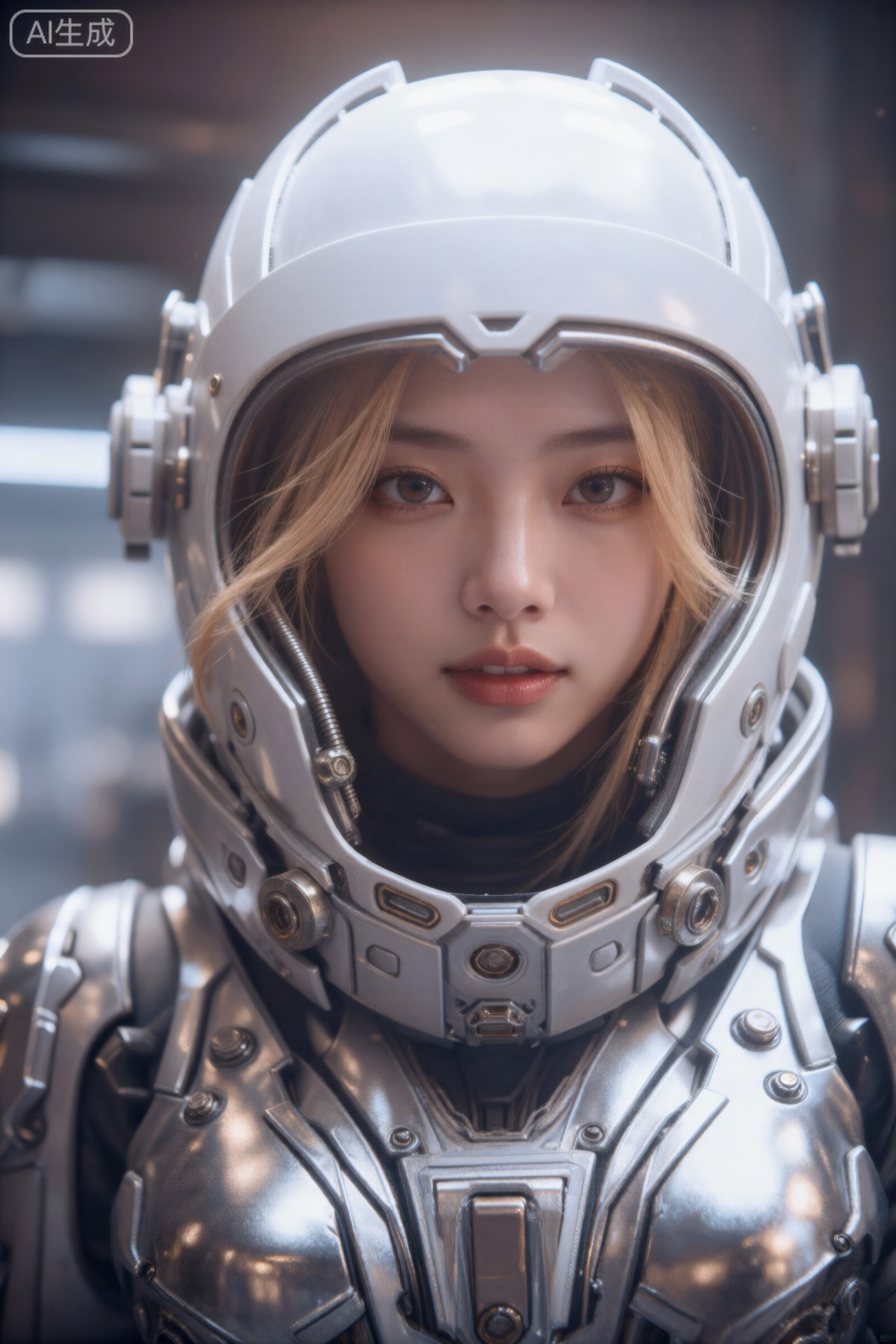图像中一个人穿着细节丰富、充满未来感的宇航服。该套装以银色为主,配有各种机械部件和复杂的设计。头盔是白色的,带有透明的护目镜,可以看到一些金属装饰和螺栓。这个人的头发是金色的,从头盔下面露出部分头发。背景模糊,表明这是一个光线柔和的室内环境,可能是空间站或高科技设施。整体外观时尚、高级,强调科幻或太空探索主题。,cjjj