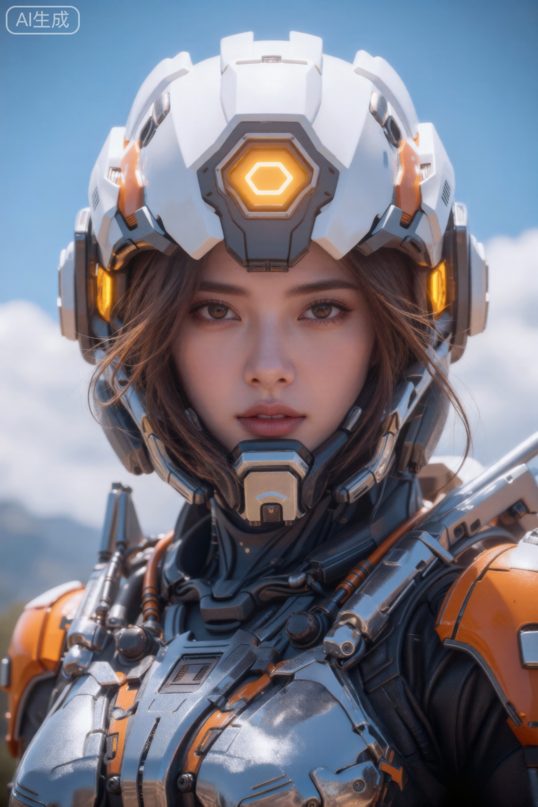 图像显示一个人穿着一套未来派的高科技盔甲。头盔主要是白色,带有橙色和灰色的点缀,额头上有一个发光的黄色六边形灯。头盔的面罩也发出黄色的光芒。套装本身是金属材质,混合了银色、灰色和橙色的成分。它具有复杂的机械细节,包括接头、电线和面板,赋予其复杂而先进的外观。背景是晴朗的蓝天和一些云,表明场景是在户外。总体印象是科幻或控制论人物,可能是技术先进的环境中的士兵或飞行员。,cjjj