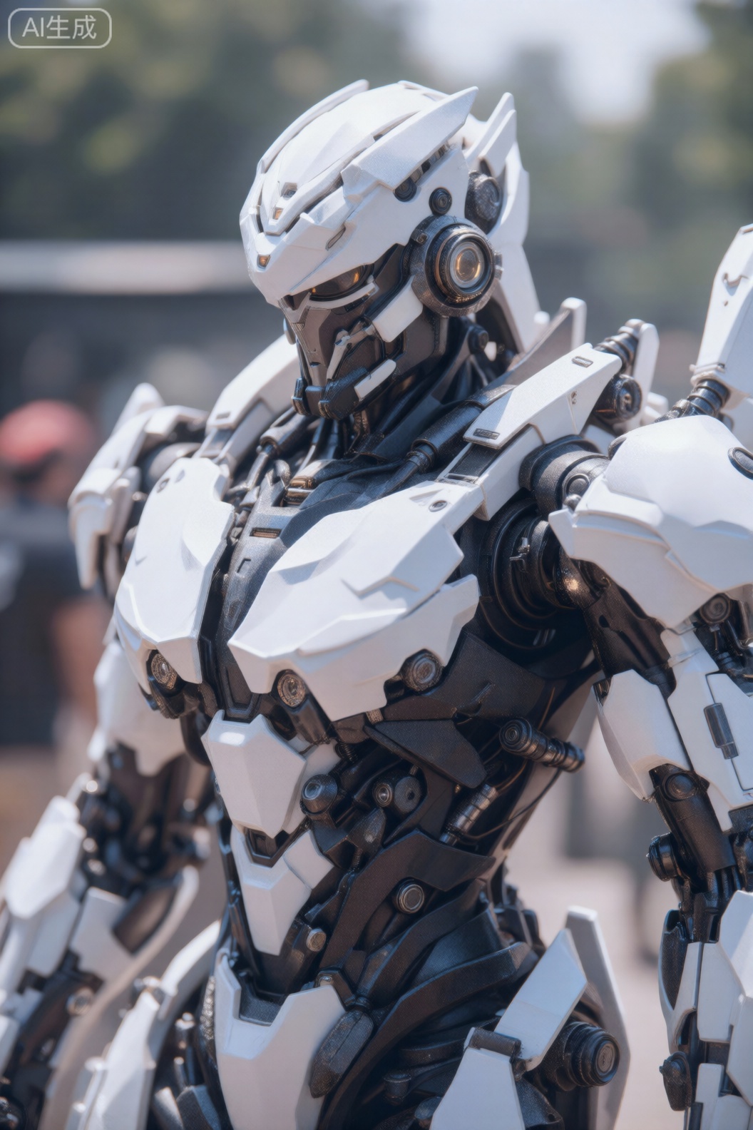 该图像显示了一个非常详细的人形机器人。该机器人的设计以白色为主,带有各种黑色和金属部件。它具有棱角分明的几何装甲板,有许多可见的关节和机械部件,表明先进的关节和运动能力。机器人的头部像头盔一样,带有护目镜,侧面有圆形传感器或目镜。胸部和肩部区域有重装甲,复杂的布线和机械结构细节暴露在外。背景模糊,表明是户外环境,有一些模糊的人物和车辆,将注意力集中在机器人本身上。,cjjj