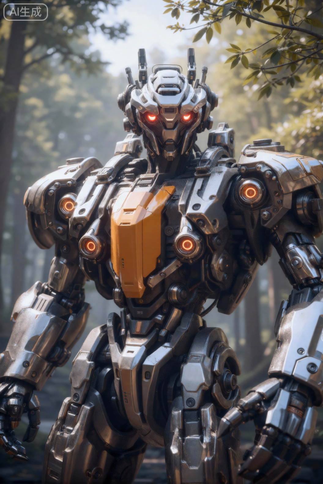该图像描绘了一个非常详细、雄伟的机器人站在自然的户外环境中,背景是树木和树叶。该机器人由金属和机械部件组合而成,主要颜色为银色、灰色和黑色,并带有金色和橙色的点缀。 其设计采用棱角分明的几何装甲板,整个框架上可见大量螺栓、接缝和机械接头。机器人的头部配备了一个类似护目镜的面板,透过面板可以看到两只明亮的红色发光眼睛,赋予它强烈而警惕的表情。在它的头顶上,有几个类似天线的结构以及似乎是传感器或通信设备的东西。 机器人的胸部区域非常突出,中央有一个巨大的橙色面板,类似于电源或能量核心,两侧是复杂的机械细节。肩膀很宽,有装甲,里面嵌有圆形的橙色发光灯,可能指示电源节点或状态指示器。该机器人的手臂粗大、肌肉发达,手部有分段关节和机械爪,显示出强大的力量和灵活性。 背景模糊,强调机器人作为焦点,阳光透过树叶,投射出斑驳的阴影,在有机自然环境和合成机械人物之间形成对比。总体印象是先进的技术和令人敬畏的存在,与周围的自然世界无缝融合。,cjjj