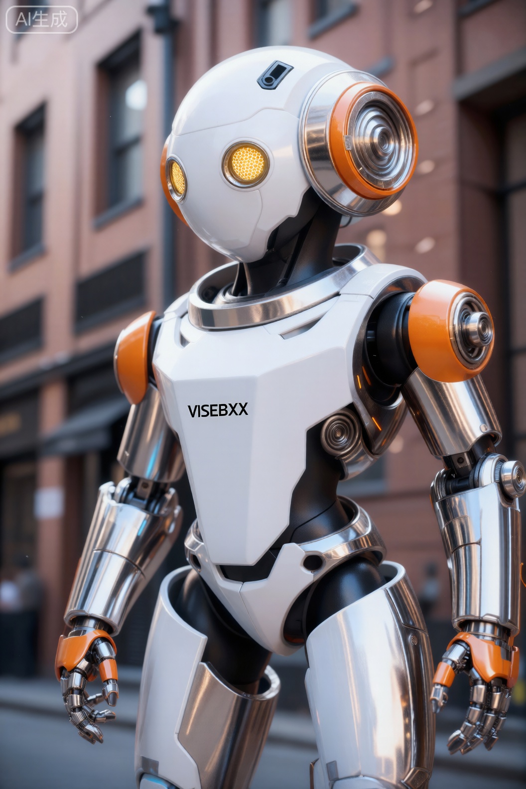 该图像描绘了一个人形机器人站在室外城市环境中,背景是建筑物。该机器人采用时尚、未来派的设计,以白色为主,带有金属银色和橙色点缀。 它的头部呈圆形,表面光滑,白色,有两只发光的黄色眼睛,一只较大且呈圆形,具有蜂窝状图案,另一只较小而圆形。头部在颈部附近还有一个小的、黑色的通风口状结构。 该机器人的躯干是白色的四方形部分,胸部用黑色字母印有名称“VISEBXX”。肩膀呈圆形,周围有橙色环,内部可见银色机械部件。手臂由多个部分连接,每个部分都有橙色和银色部件,手上有单独的手指和机械关节。 背景稍微模糊,显示了带有窗户和砖墙的建筑物的一部分,表明机器人位于城市环境中的街道或人行道上。图像中的灯光突出了机器人的金属表面,产生反射和阴影,增强了其三维外观。,cjjj
