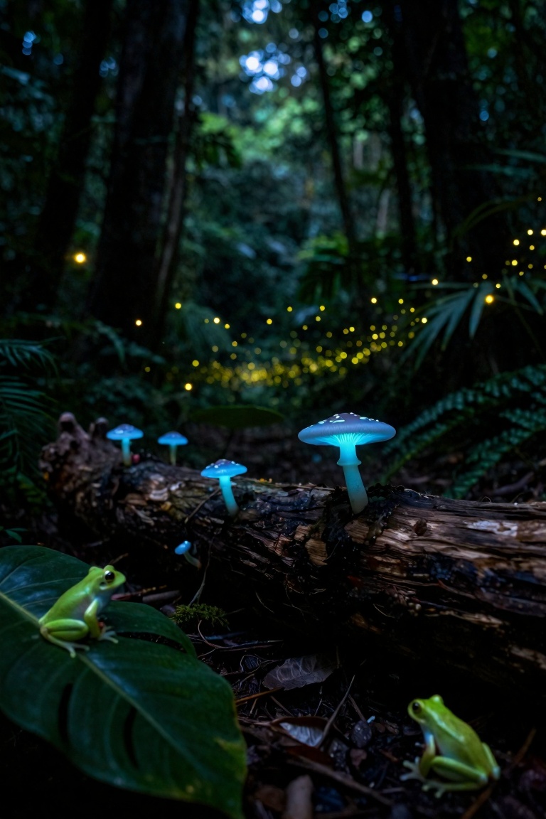 A hidden clearing deep in the rainforest at twilight. The scene is alive with bioluminescent vitality—glowing blue mushroo...