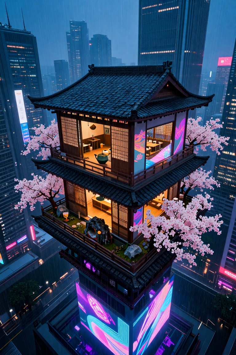 A high-tech Japanese tea house perched on a neon-lit skyscraper,  featuring holographic cherry blossoms and a gravity-defy...