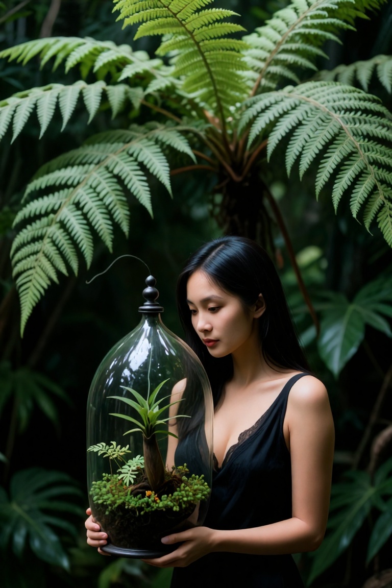 A half-body shot of an Asian woman holding a large glass terrarium,  while giant ferns in the background seem to mimic the...