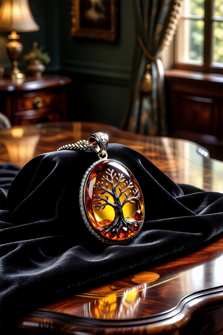 A jewelry pendant made of amber and garnet inside a tree lies on black velvet and on a beautiful table made of solid mahog...