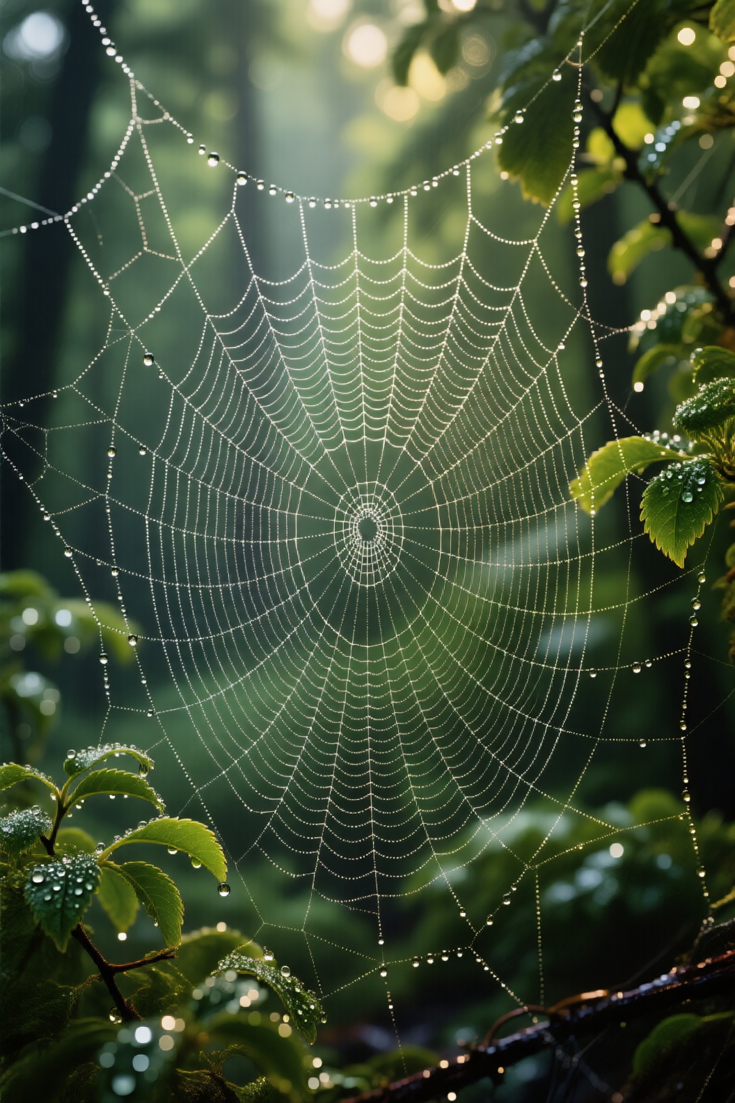 Macro photography of a dew-covered spiderweb glistening in soft morning light,  extreme close-up framing filling the frame...