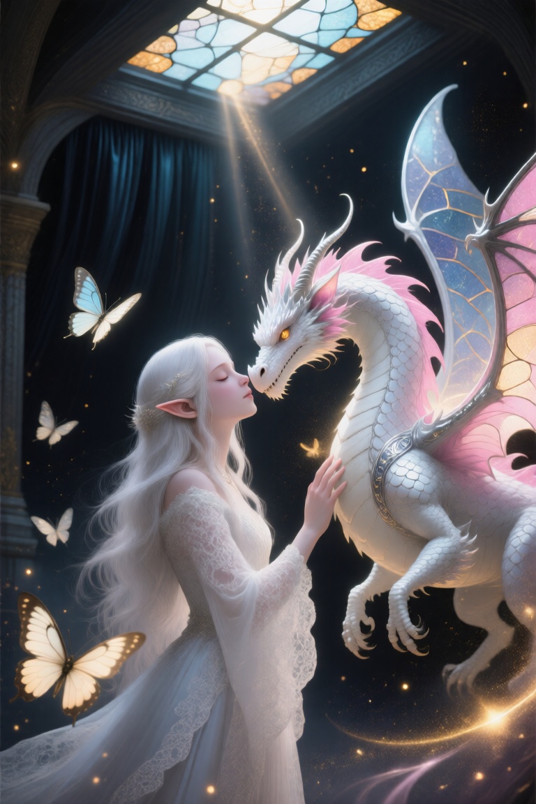 Create an over-detailed fantasy portrait of a serene elf with loose white hair and closed eyes,  gently touching noses wit...