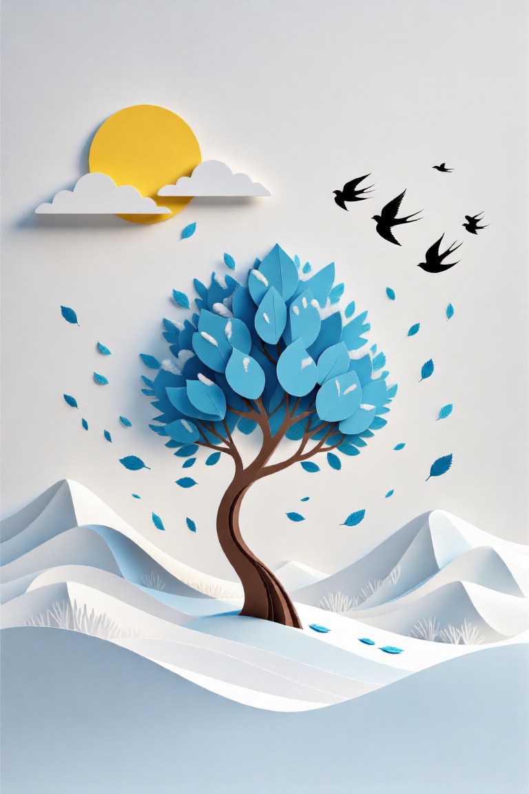 Minimalistic 3D art in the style of paper cutting. A stylized tree with a curved matte brown trunk and bright blue leaves...