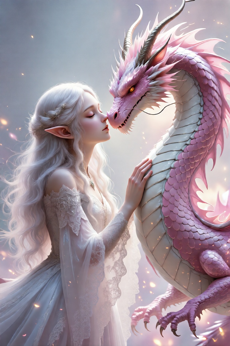 A serene elf with flowing white hair and closed eyes gently touches noses with a majestic pink-and-white dragon. Delicate...