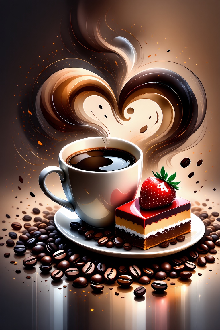 A poetic coffee symphony unfolds in the illustration. The background is generously sprinkled with coffee beans — they are...