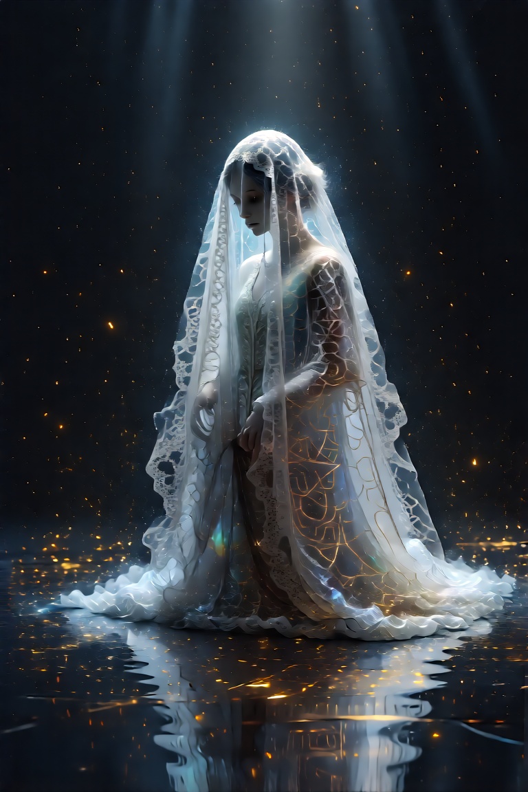 In the semi—darkness,  where time seems to have frozen,  a surreal scene unfolds - a world woven of contradictions and sub...