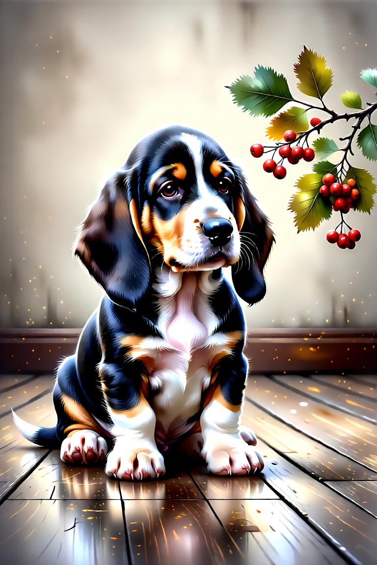 The image shows a sketch of a cute young Basset Hound puppy sitting on a wooden floor. The puppy has a black and white coa...