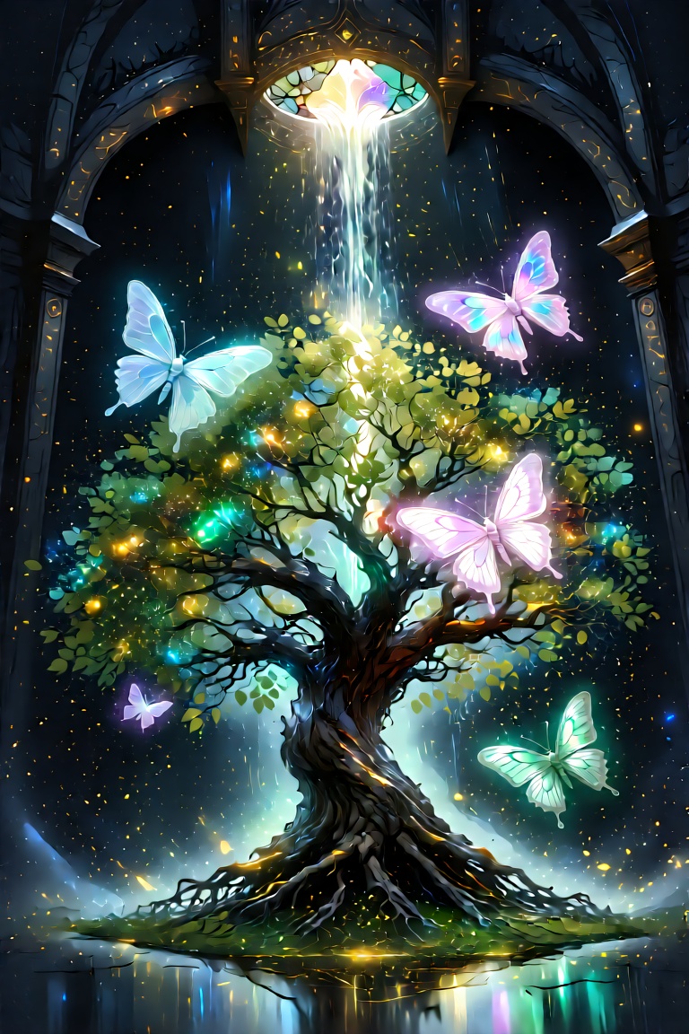 In the depths of a mysterious dark kingdom,  where the darkness is as dense as a velvet curtain,  the Tree of Life rises....