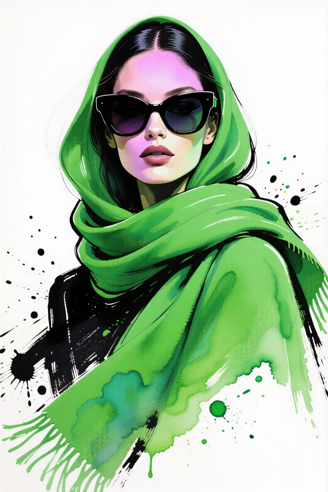 An elegant fashion illustration portrays a self-assured woman wearing oversized,  dark-hued sunglasses. She is draped in a...
