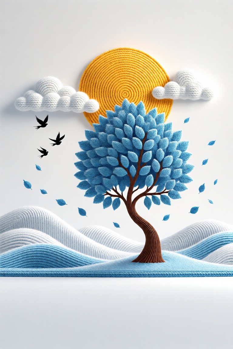Minimalistic 3D art in the style of knitted from threads. A stylized tree with a curved matte brown trunk and bright blue...